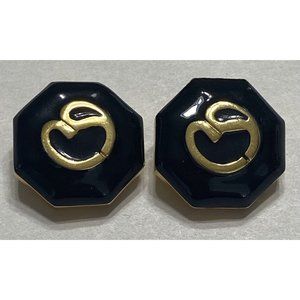 Large Octagon St. John Black Enamel Gold Tone Clip On Earrings